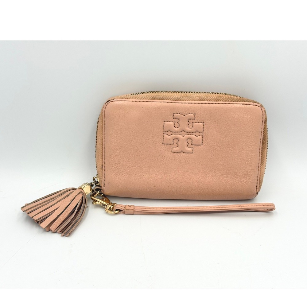 Tory Burch Wristlet Wallet Pink Pebbled Leather Tassel Zip Around HDD024